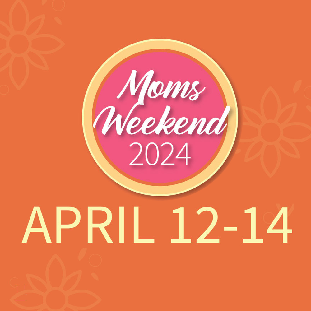 Moms Weekend 2024 text in pink circle against orange background