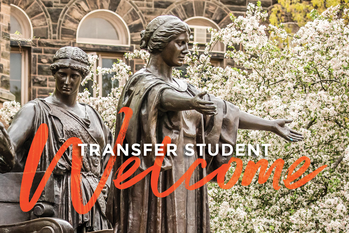 Transfer Student Welcome text over image of Alma Mater statue